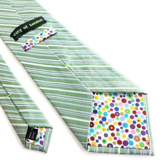 City Of London Green Blue Striped Woven Wide Silk Tie - Picture 7 of 8